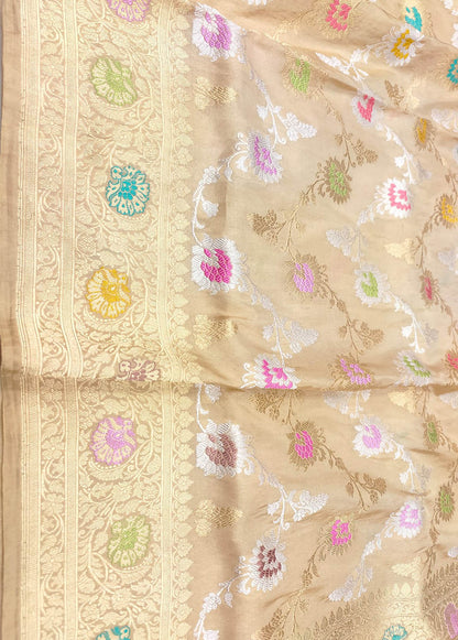 Pastel Banarasi Handloom Pure Tissue Silk Jangla Flower Design Meenakari Saree - Luxurion World