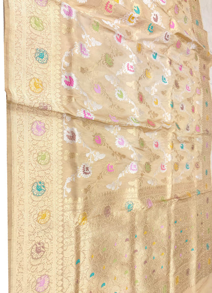 Pastel Banarasi Handloom Pure Tissue Silk Jangla Flower Design Meenakari Saree - Luxurion World