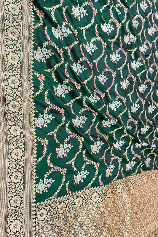 Green Banarasi Handloom Pure Mashru Silk Meenakari Saree - Luxurion World