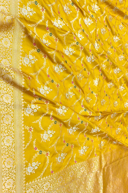 Yellow Banarasi Handloom Pure Mashru Silk Meenakari Saree - Luxurion World