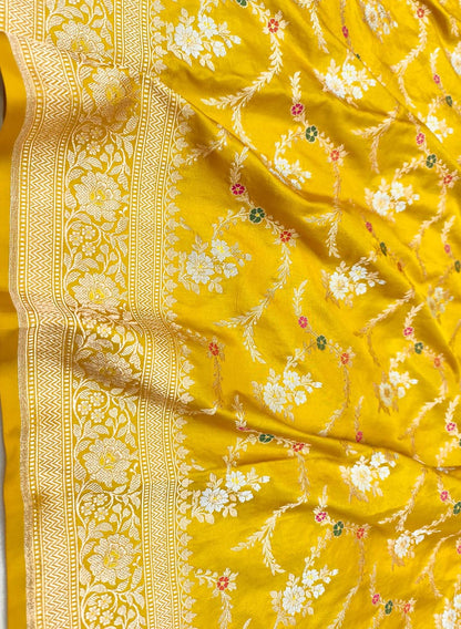 Yellow Banarasi Handloom Pure Mashru Silk Meenakari Saree - Luxurion World