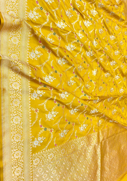 Yellow Banarasi Handloom Pure Mashru Silk Meenakari Saree - Luxurion World
