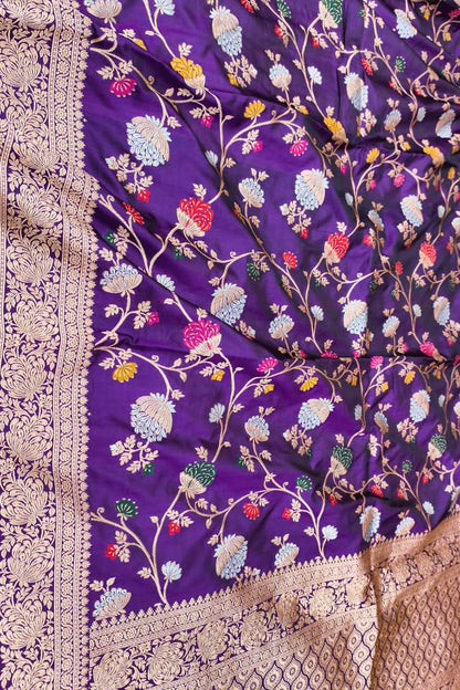Purple Banarasi Handloom Pure Mashru Silk Meenakari Saree - Luxurion World