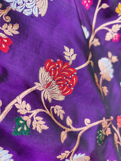 Purple Banarasi Handloom Pure Mashru Silk Meenakari Saree - Luxurion World