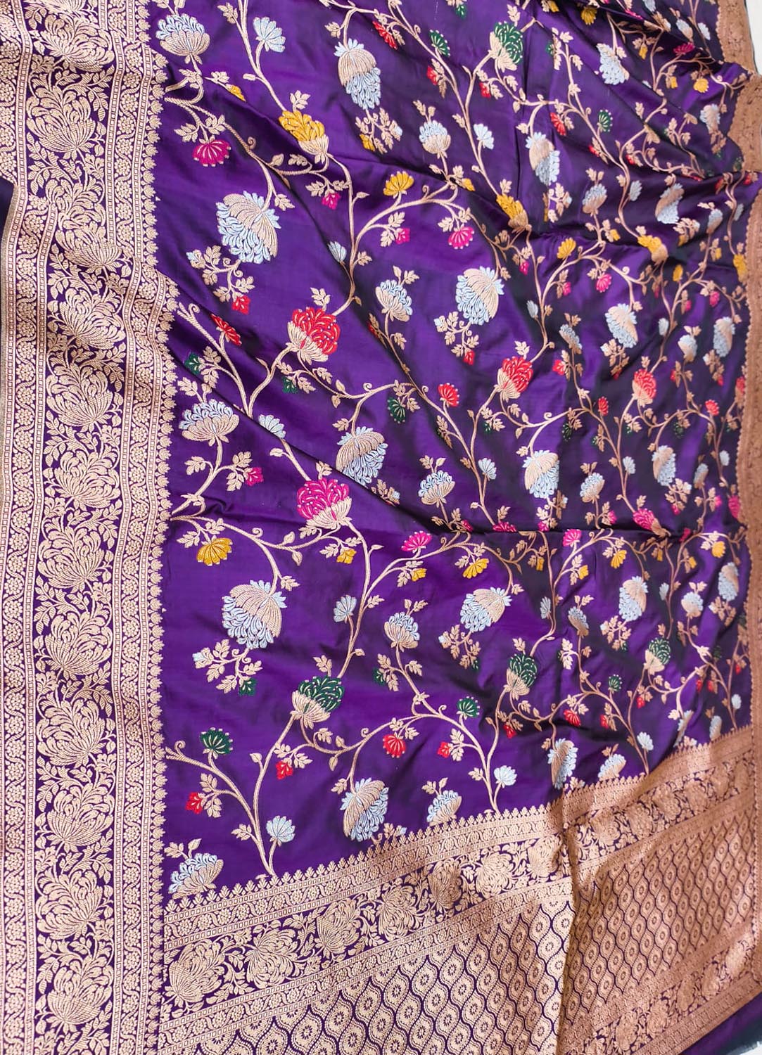 Purple Banarasi Handloom Pure Mashru Silk Meenakari Saree - Luxurion World