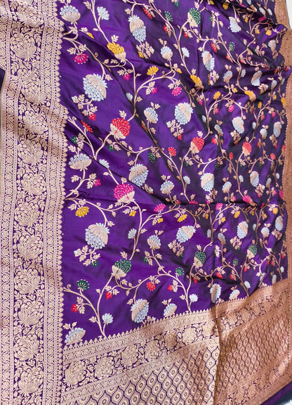 Purple Banarasi Handloom Pure Mashru Silk Meenakari Saree - Luxurion World