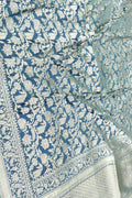 Blue Banarasi Handloom Pure Katan Silk Flower And Animal Design Saree - Luxurion World