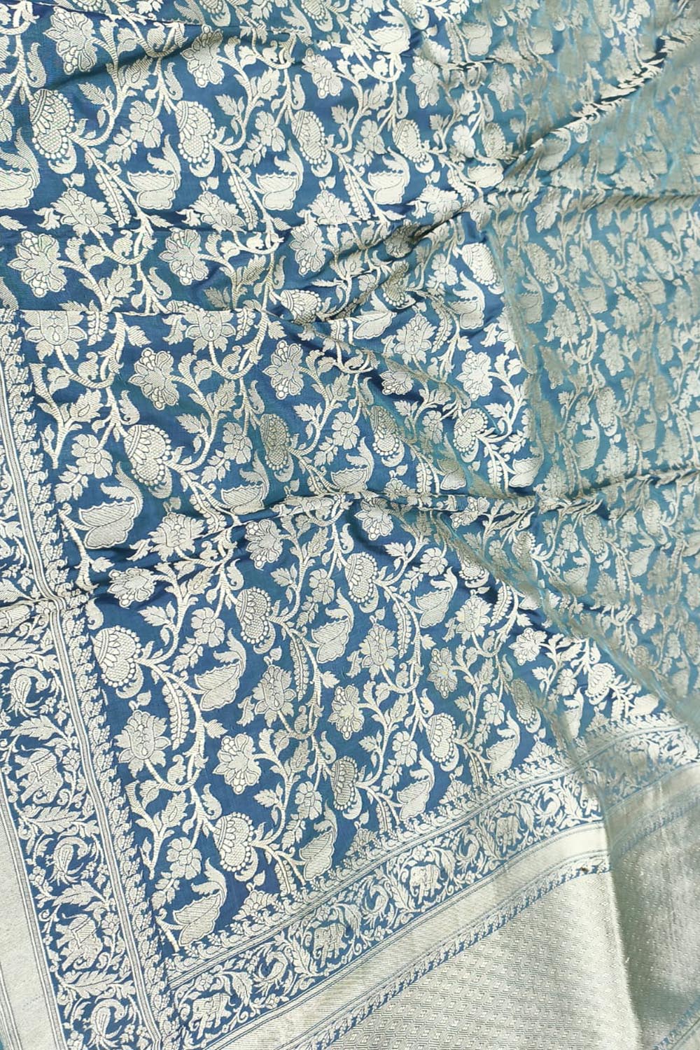 Blue Banarasi Handloom Pure Katan Silk Flower And Animal Design Saree - Luxurion World