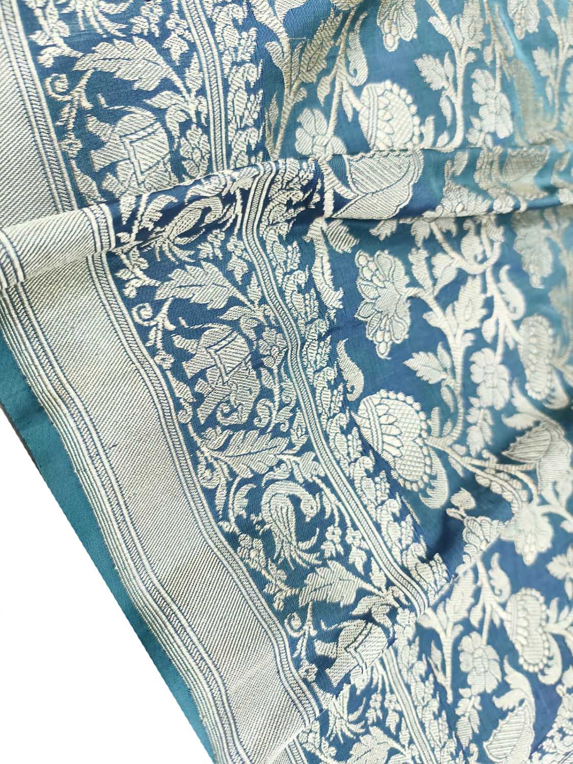 Blue Banarasi Handloom Pure Katan Silk Flower And Animal Design Saree - Luxurion World