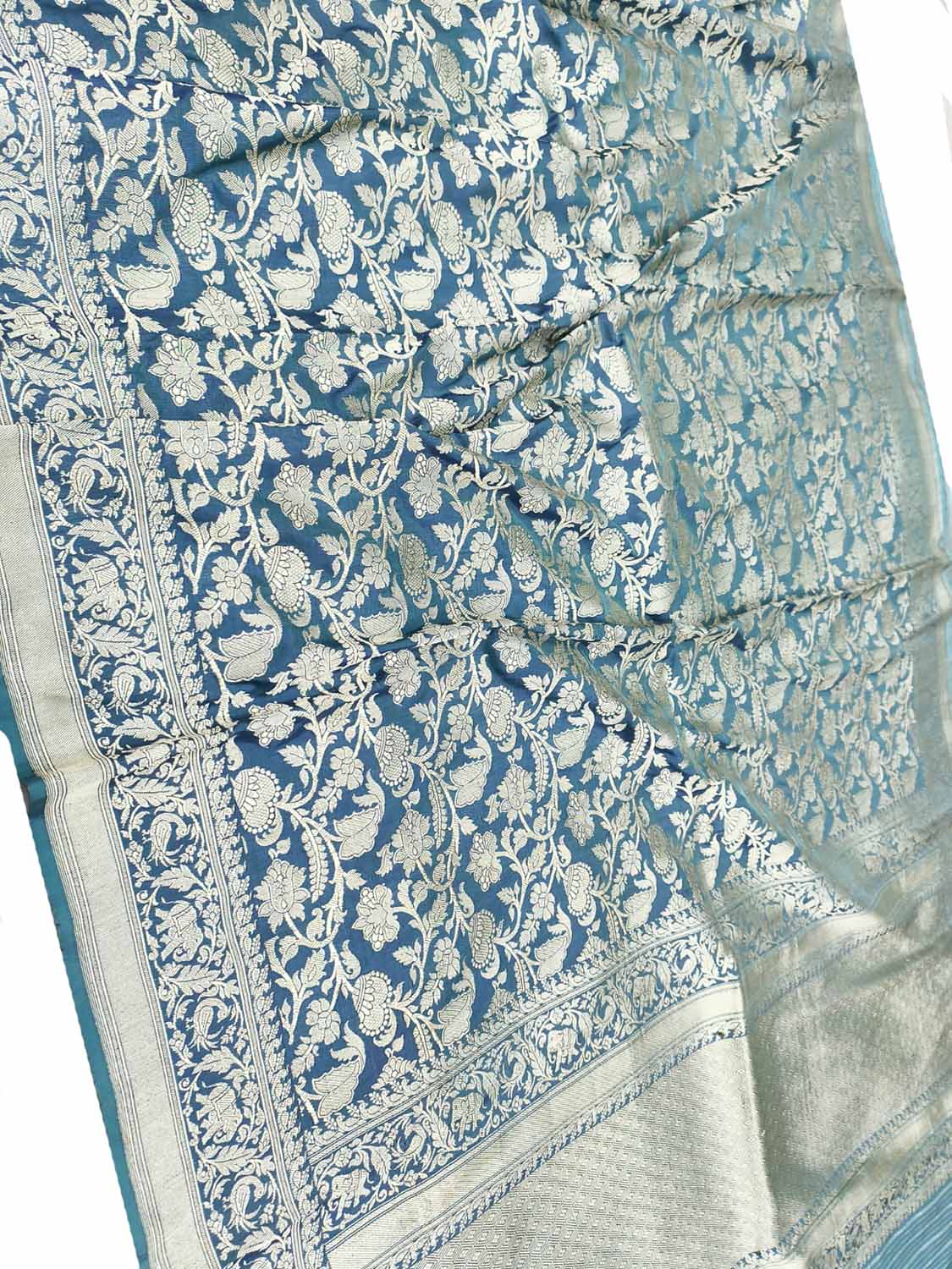 Blue Banarasi Handloom Pure Katan Silk Flower And Animal Design Saree - Luxurion World