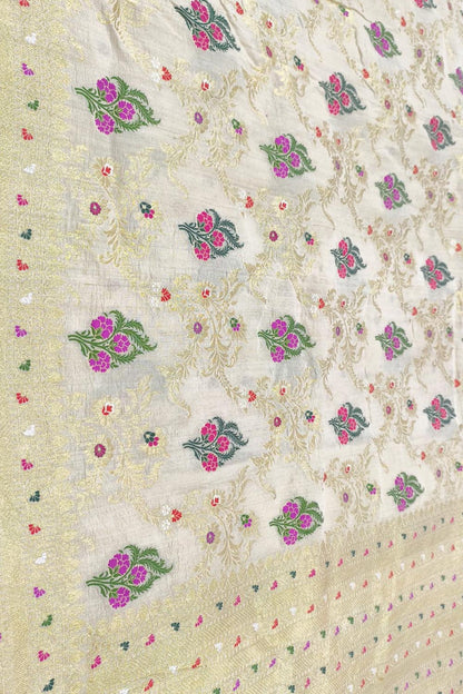 Dyeable Banarasi Handloom Pure Tussar Silk Meenakari Flower Design Saree - Luxurion World