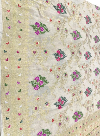 Dyeable Banarasi Handloom Pure Tussar Silk Meenakari Flower Design Saree - Luxurion World