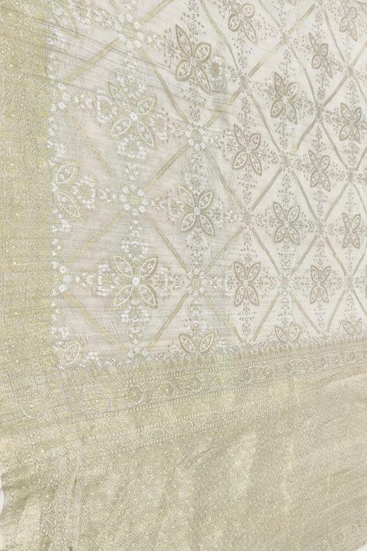 Dyeable Banarasi Handloom Pure Tussar Silk Sona Roopa Flower Design Saree - Luxurion World