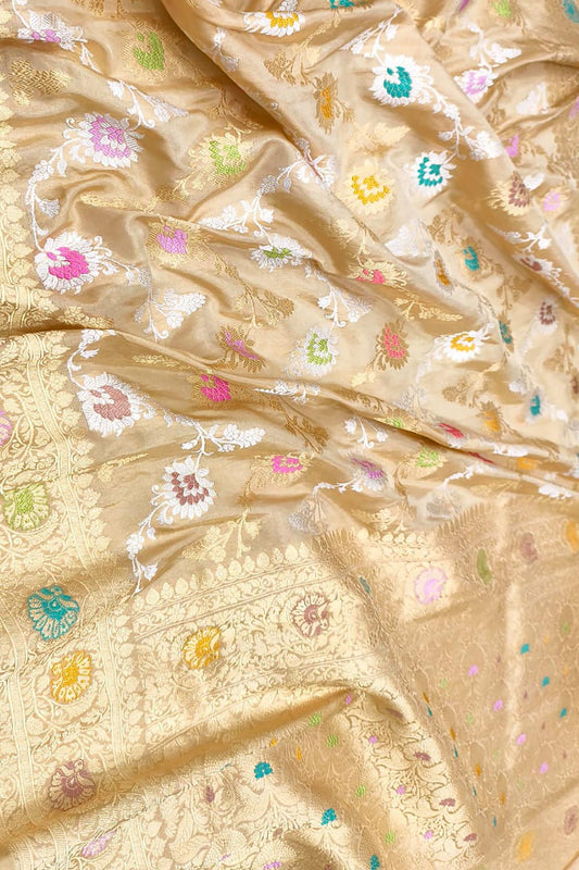 Pastel Handloom Banarasi Pure Tissue Katan Silk Flower Design Meenakari Saree - Luxurion World