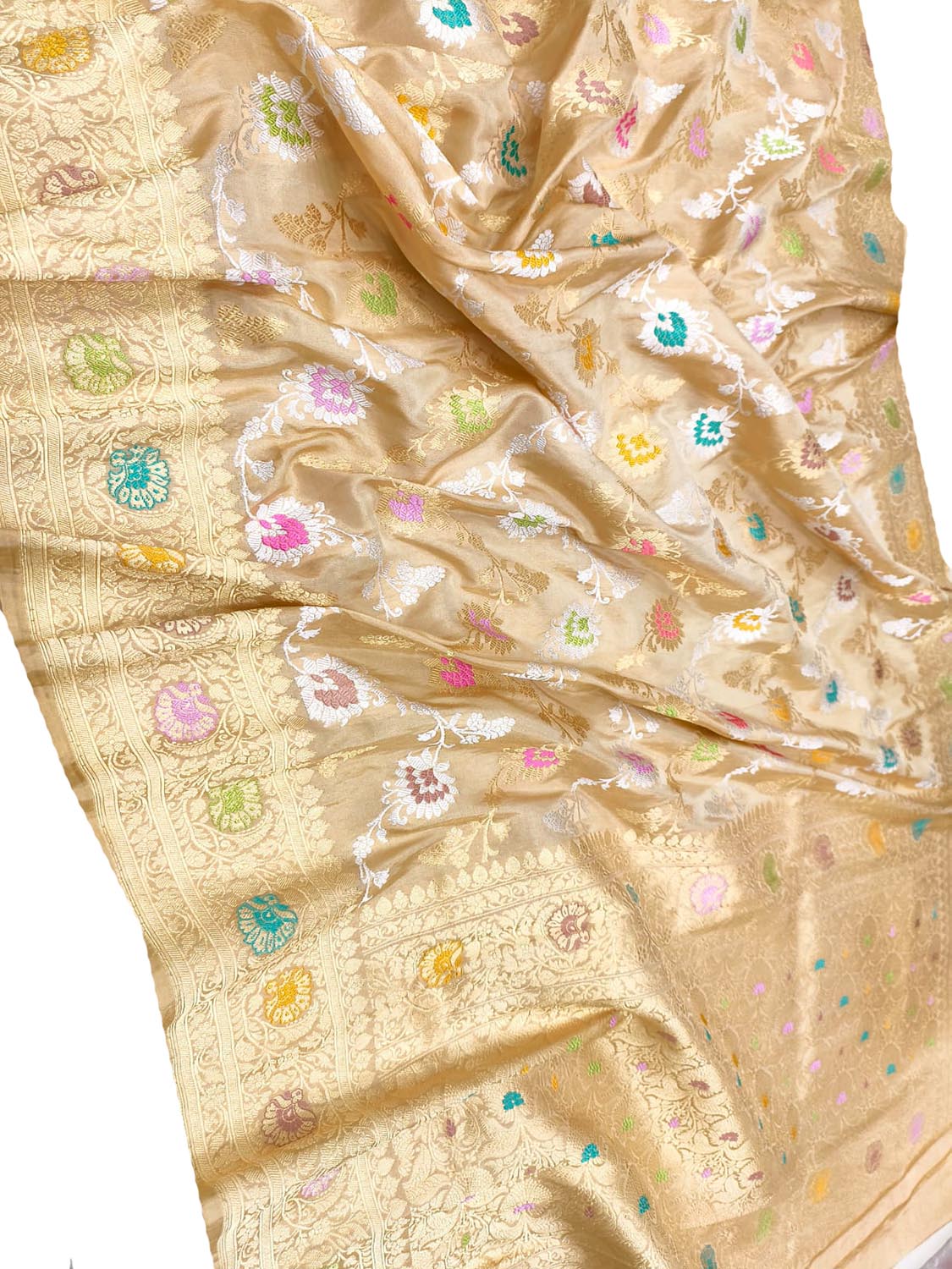 Pastel Handloom Banarasi Pure Tissue Katan Silk Flower Design Meenakari Saree - Luxurion World