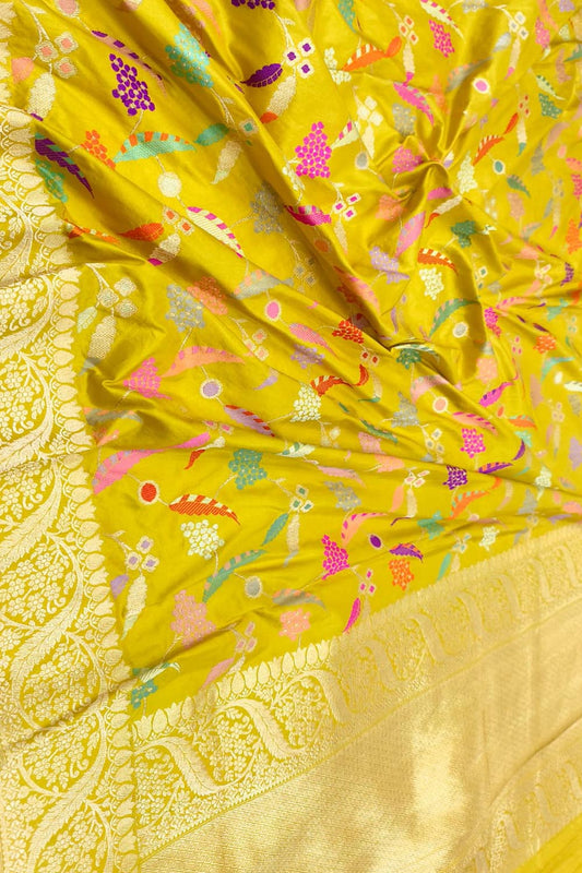Yellow Handloom Banarasi Pure Katan Silk Meenakari Saree - Luxurion World