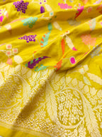 Yellow Handloom Banarasi Pure Katan Silk Meenakari Saree - Luxurion World