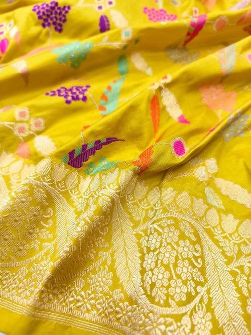 Yellow Handloom Banarasi Pure Katan Silk Meenakari Saree - Luxurion World
