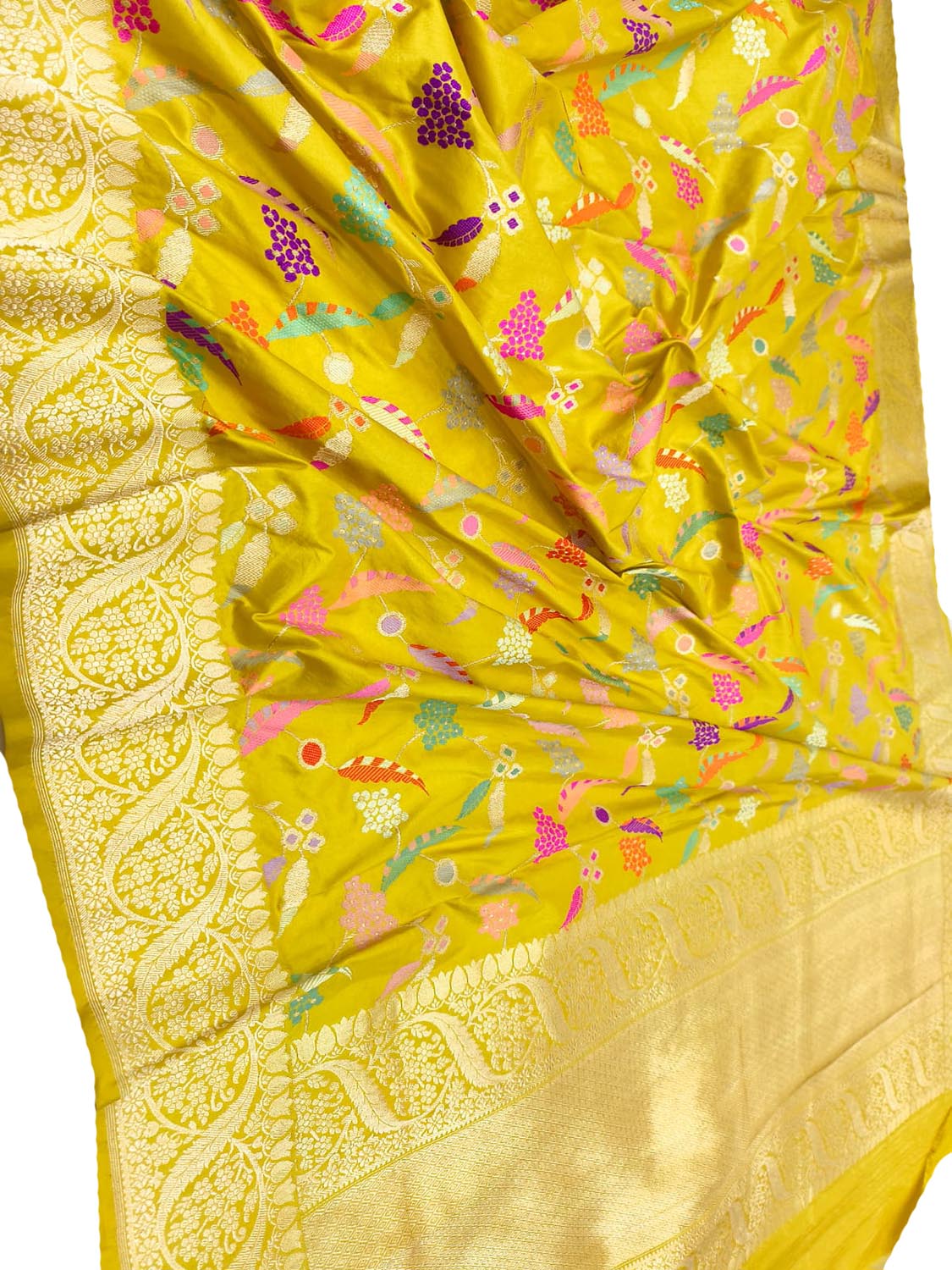 Yellow Handloom Banarasi Pure Katan Silk Meenakari Saree - Luxurion World