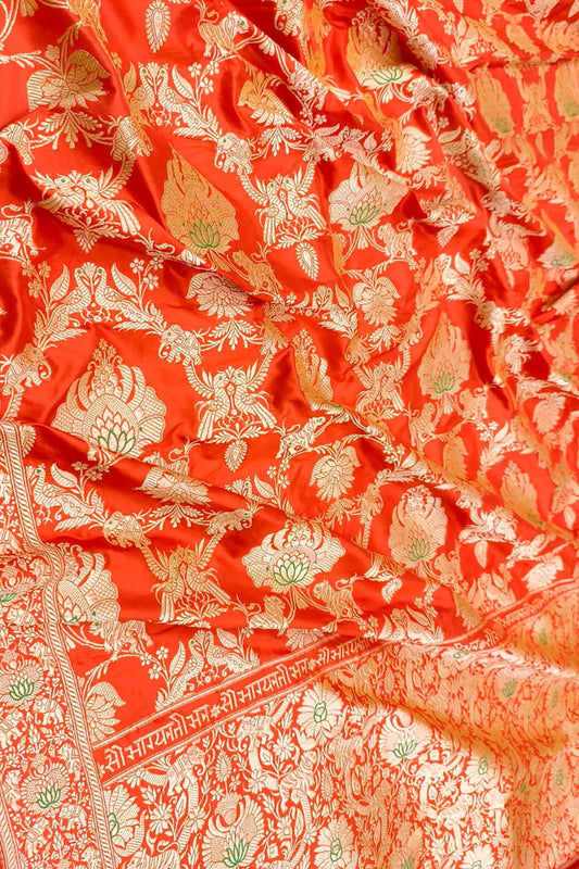Orange Handloom Banarasi Pure Katan Silk Flower Design Meenakari Saree - Luxurion World