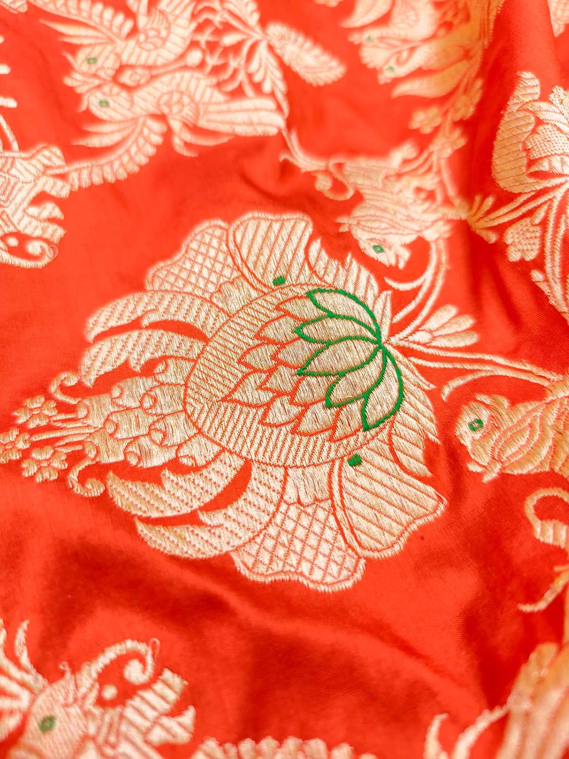 Orange Handloom Banarasi Pure Katan Silk Flower Design Meenakari Saree - Luxurion World