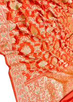 Orange Handloom Banarasi Pure Katan Silk Flower Design Meenakari Saree - Luxurion World