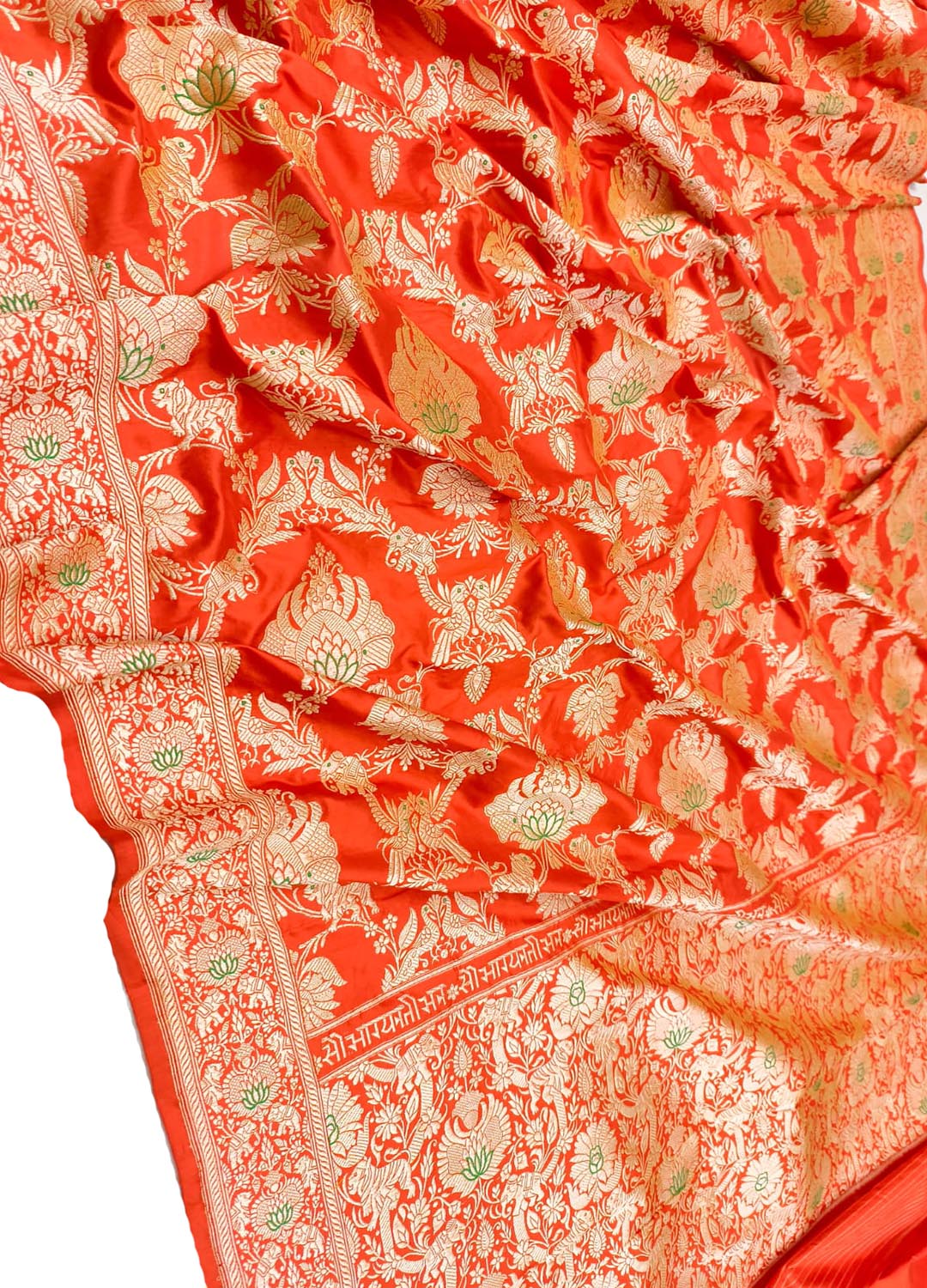 Orange Handloom Banarasi Pure Katan Silk Flower Design Meenakari Saree - Luxurion World