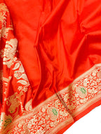 Orange Handloom Banarasi Pure Katan Silk Flower Design Meenakari Saree - Luxurion World