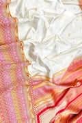 Elegant White Handloom Banarasi Pure Katan Silk Flower Design Saree - Luxurion World