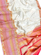Elegant White Handloom Banarasi Pure Katan Silk Flower Design Saree - Luxurion World