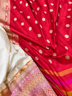 Elegant White Handloom Banarasi Pure Katan Silk Flower Design Saree - Luxurion World