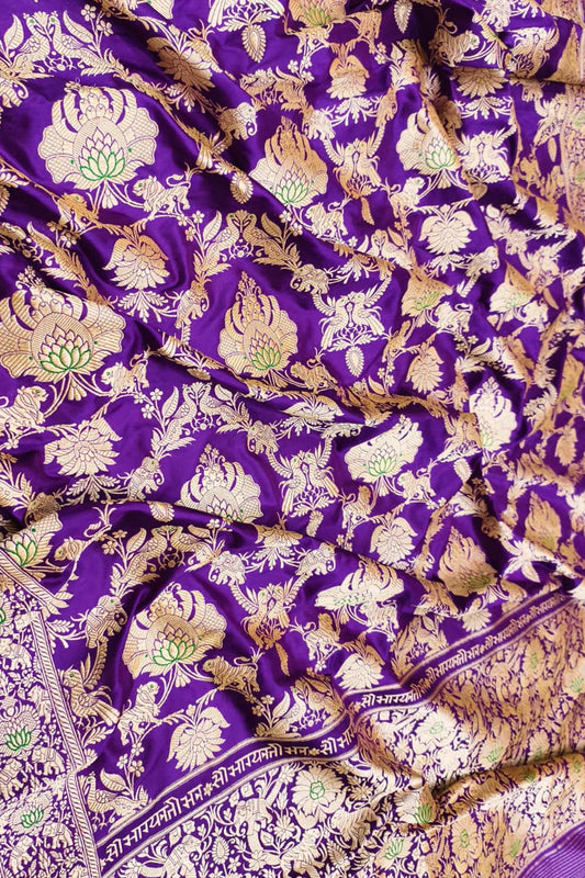 Purple Handloom Banarasi Pure Katan Silk Flower Design Meenakari Saree - Luxurion World