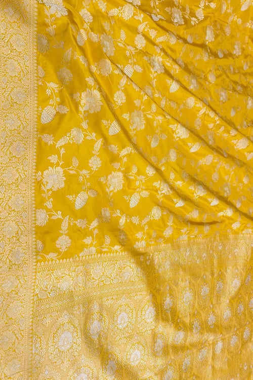 Yellow Handloom Banarasi Pure Katan Silk Flower Design Saree - Luxurion World