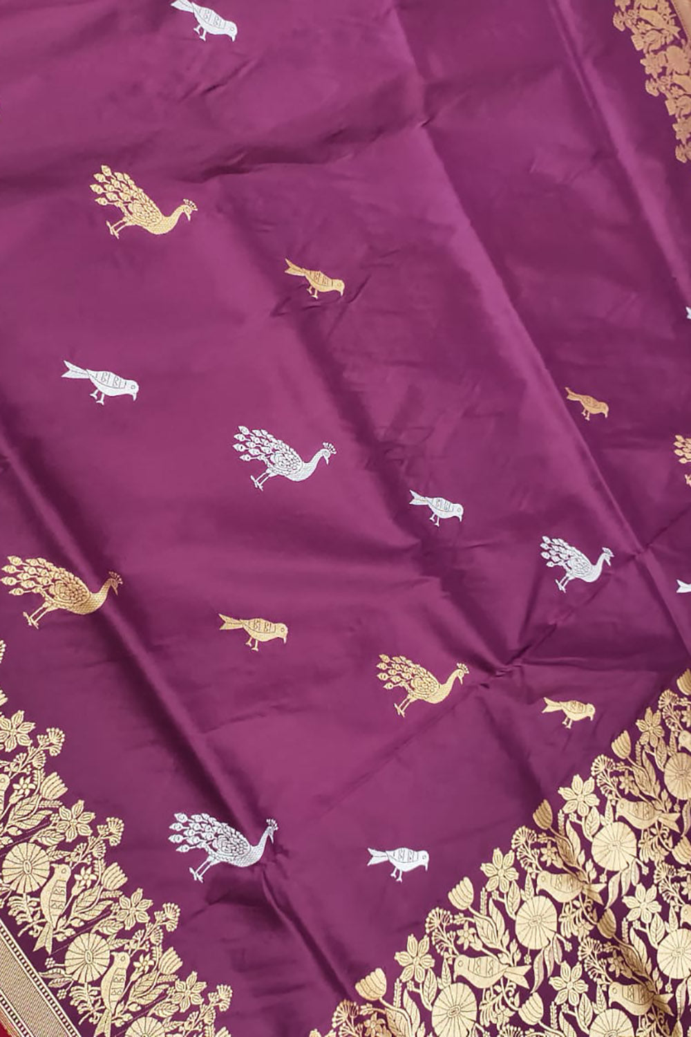 Exquisite Purple Handloom Banarasi Pure Katan Silk Bird Design Saree - Luxurion World