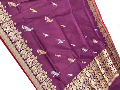 Exquisite Purple Handloom Banarasi Pure Katan Silk Bird Design Saree - Luxurion World
