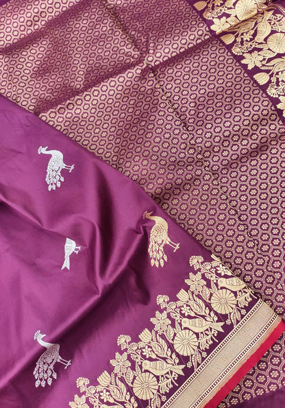 Exquisite Purple Handloom Banarasi Pure Katan Silk Bird Design Saree - Luxurion World