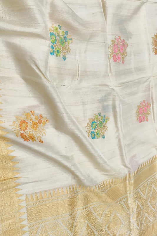 Elegant Dyeable Handloom Banarasi Tussar Silk Meenakari Flower Design Saree - Luxurion World