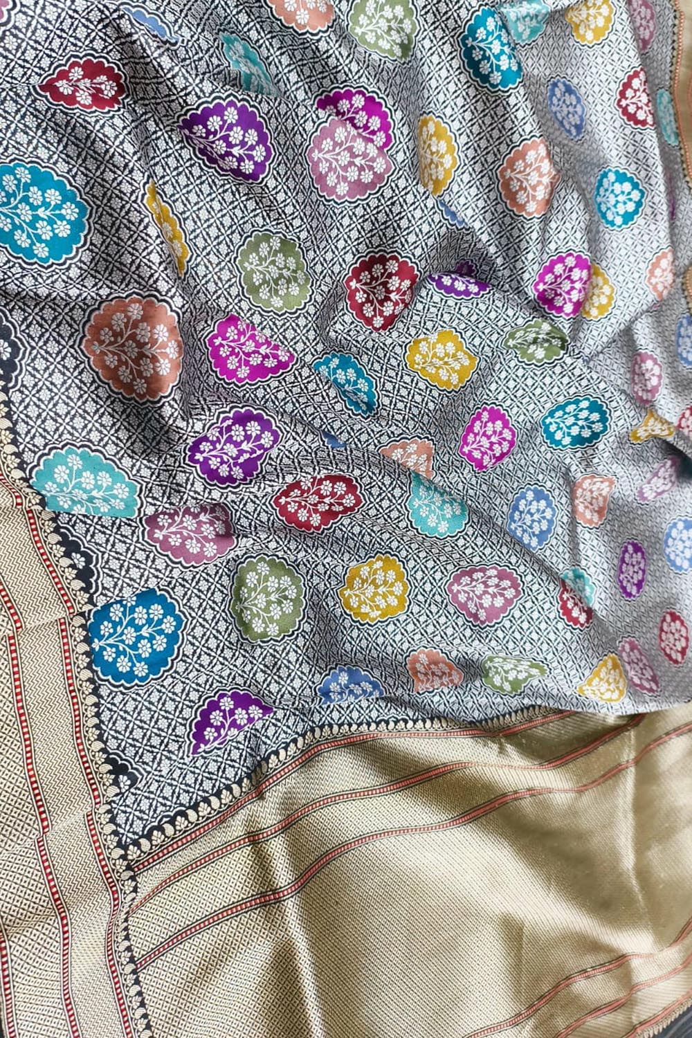 Multicolor Handloom Banarasi Pure Katan Silk Flower Design Meenakari Saree - Luxurion World