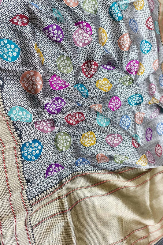 Multicolor Handloom Banarasi Pure Katan Silk Flower Design Meenakari Saree - Luxurion World