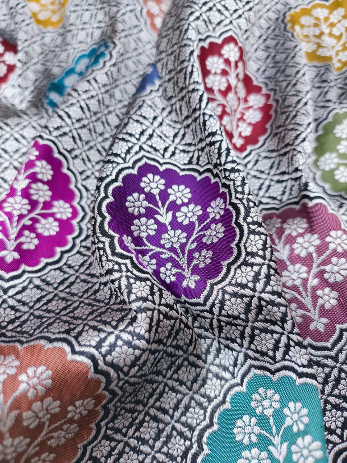 Multicolor Handloom Banarasi Pure Katan Silk Flower Design Meenakari Saree - Luxurion World