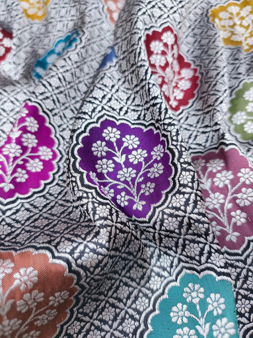 Multicolor Handloom Banarasi Pure Katan Silk Flower Design Meenakari Saree - Luxurion World