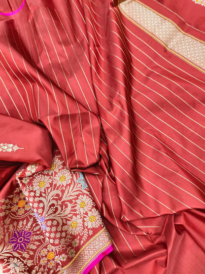 Elegant Maroon Handloom Banarasi Pure Katan Silk Meenakari Flower Design Saree - Luxurion World