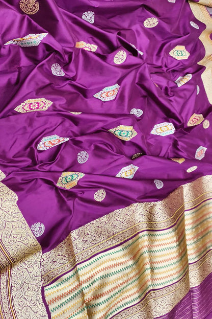 Exquisite Purple Handloom Banarasi Pure Katan Silk Meenakari Saree - Luxurion World