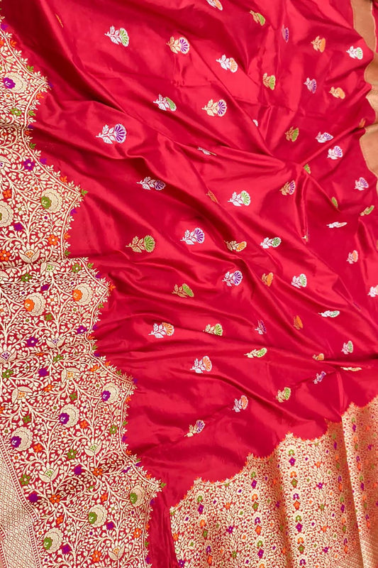 Exquisite Red Handloom Banarasi Pure Katan Silk Meenakari Flower Design Saree - Luxurion World