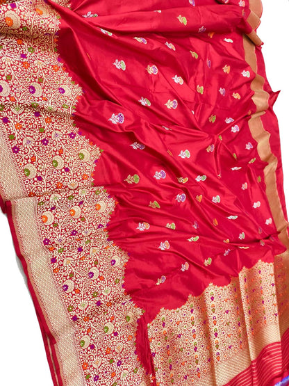 Exquisite Red Handloom Banarasi Pure Katan Silk Meenakari Flower Design Saree - Luxurion World
