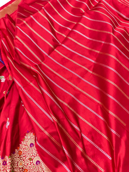 Exquisite Red Handloom Banarasi Pure Katan Silk Meenakari Flower Design Saree - Luxurion World