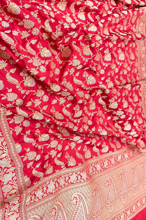Exquisite Red Handloom Banarasi Pure Katan Silk Flower Design jaal Work Saree - Luxurion World