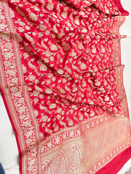 Exquisite Red Handloom Banarasi Pure Katan Silk Flower Design jaal Work Saree - Luxurion World