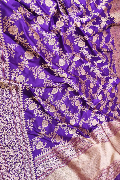 Exquisite Purple Handloom Banarasi Pure Katan Silk Flower Design jaal Work Saree - Luxurion World