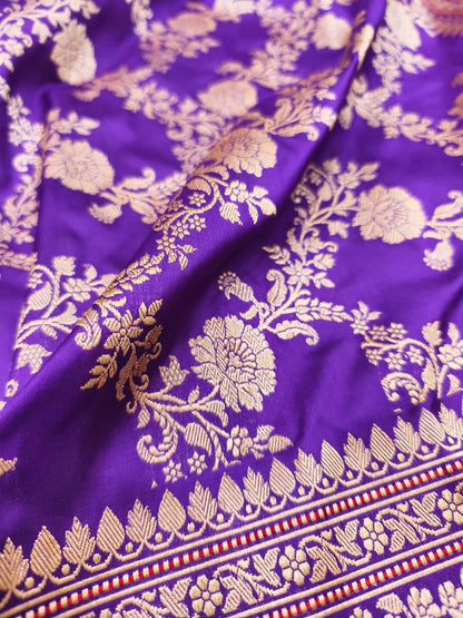 Exquisite Purple Handloom Banarasi Pure Katan Silk Flower Design jaal Work Saree - Luxurion World